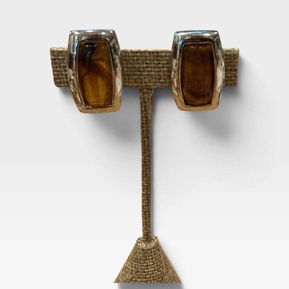 Amber Brown Glass Rectangle Modernist Silver Tone Clip On Earrings Vintage 1960s